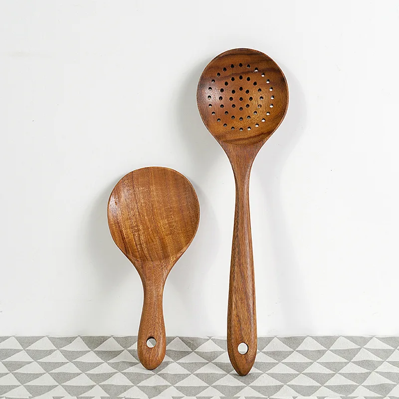 

Teak Natural Wood Tableware Nonstick Special Spatula Cooking Long Handle Ladle Wooden Slotted Spoon Kitchen Tool