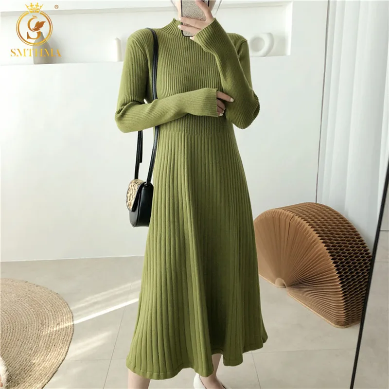 

SMTHMA Women's Long Knit Sweater Dress Warm Winter Pleated Dress Female Half Turtleneck Office Lady Vestidos