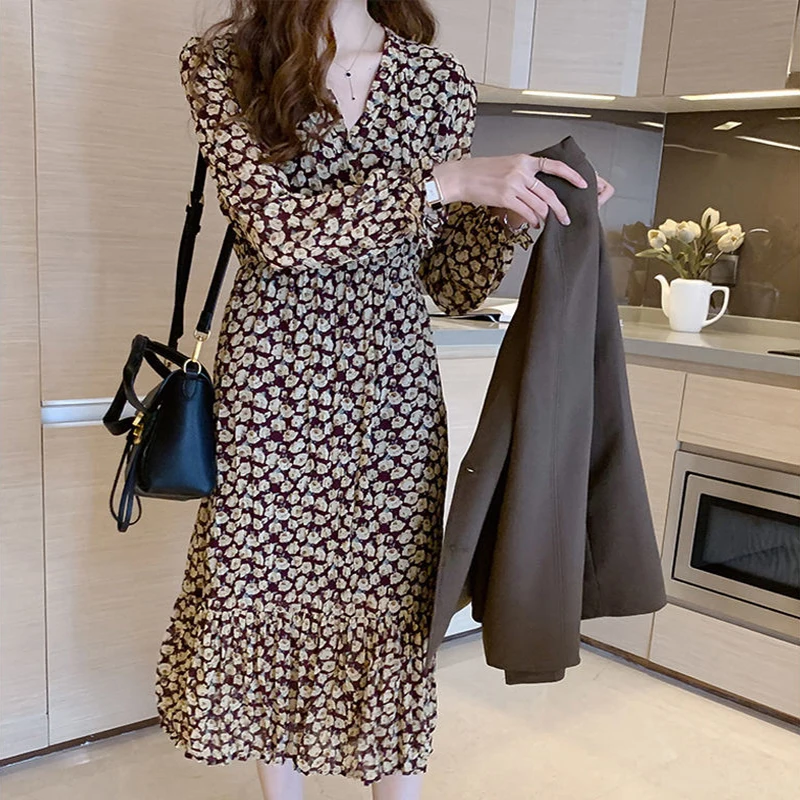 

Women's Spring Autumn Style Dress Elegant Women's Printed Long Sleeve Ruffles Korean Elegant Dress SS3675