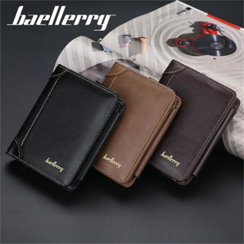 

Baellerry Fashion Casual Men's Vertical Zipper Buckle Coin Purse ID Bag PU Leather Tri-Fold Short Business Wallet