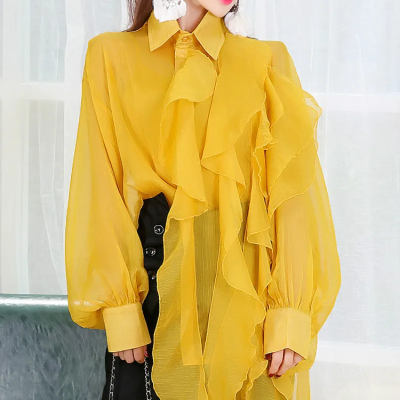 2020 Spring New Women's Shirt,Large Lantern Sleeve Shirt with Irregular Ear Edge,womens Tops and Blouses