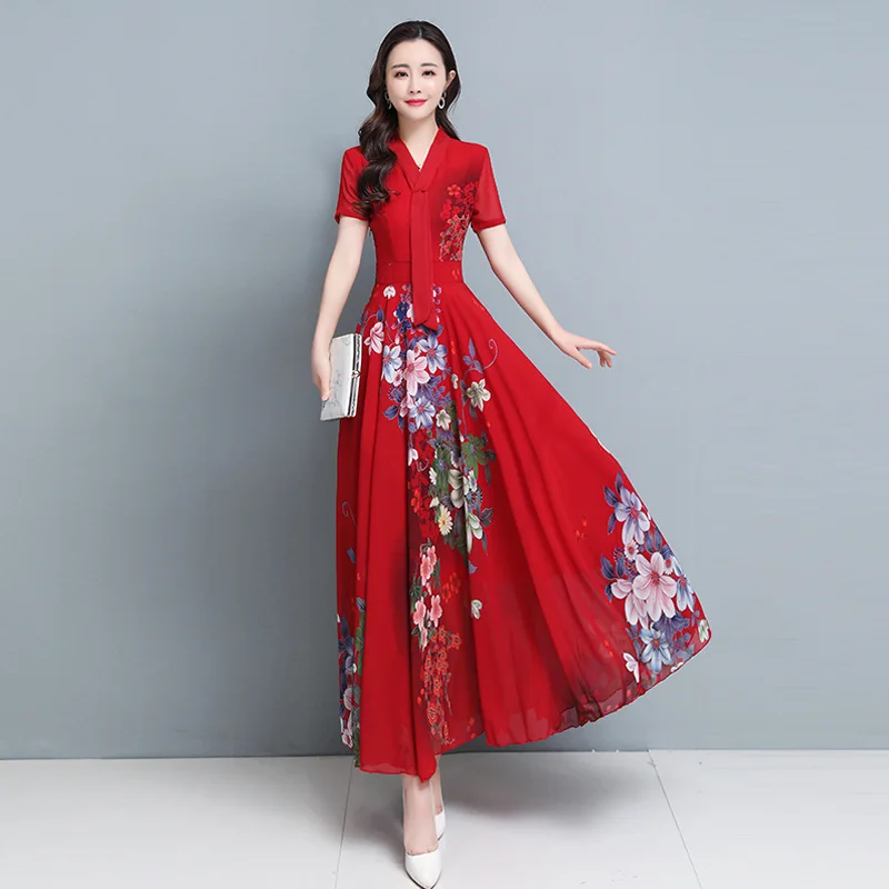

positioning print summer dress new goddess fan temperament light familiar French long dress big swing dress chiffon dress girl