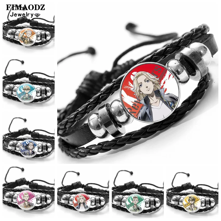 

Tokyo Avengers Bracelet for Men Women Manjiro Ken Takemichi Hinata Atsushi Chibi Glass Poster Handmade Leather Bracelets Gift