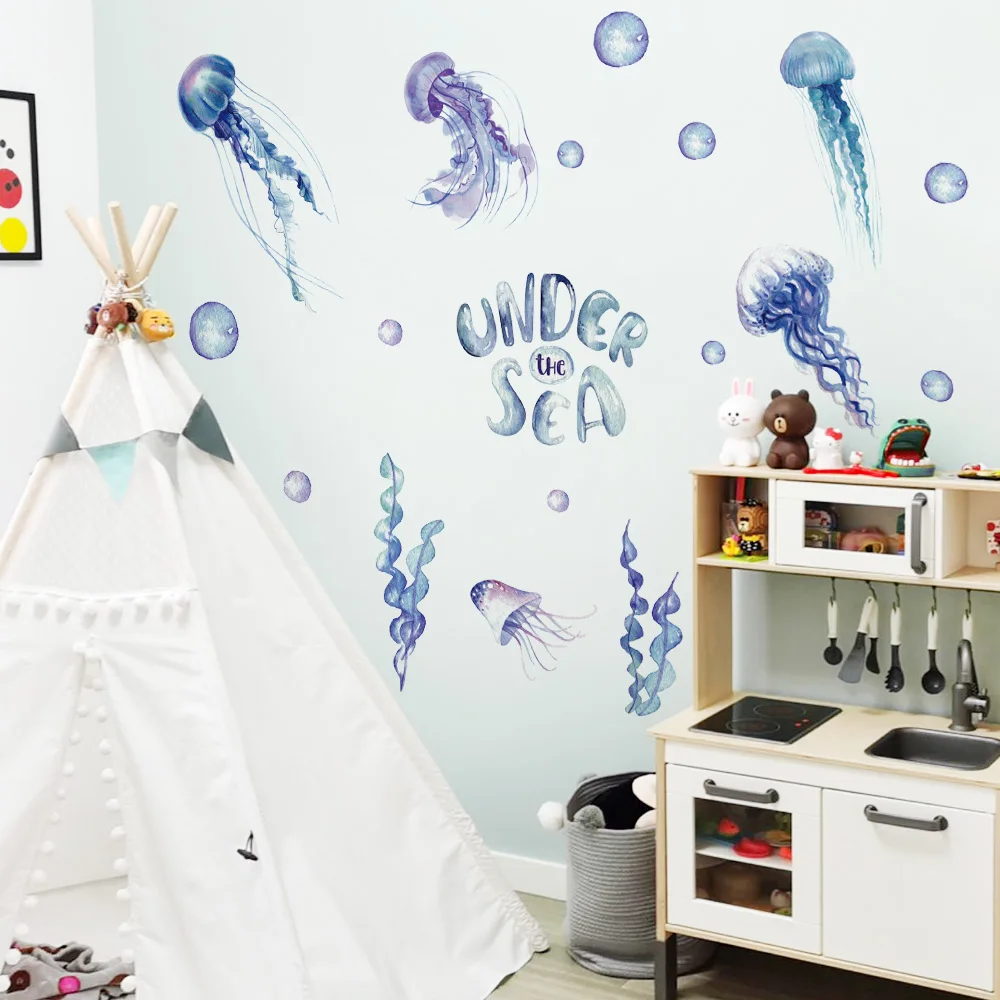 Горячая продажа синие медузы наклейки на стену детские для спальни Съемные ПВХ