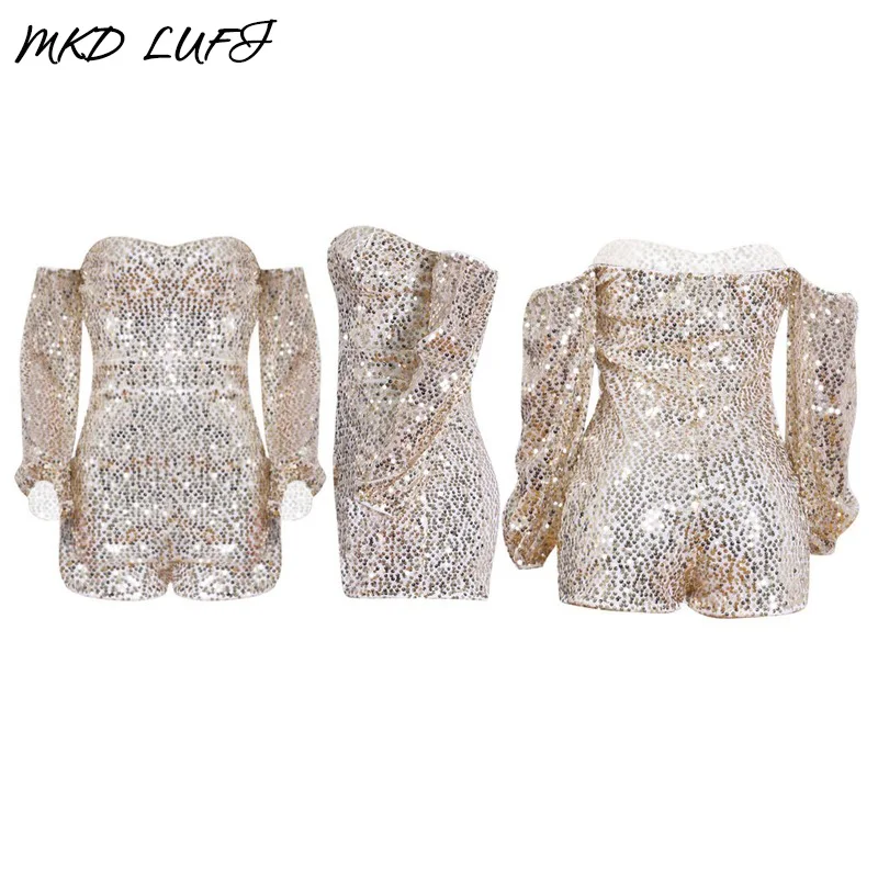 Сексуальный комбинезон с открытыми плечами и открытой спиной блестками женский