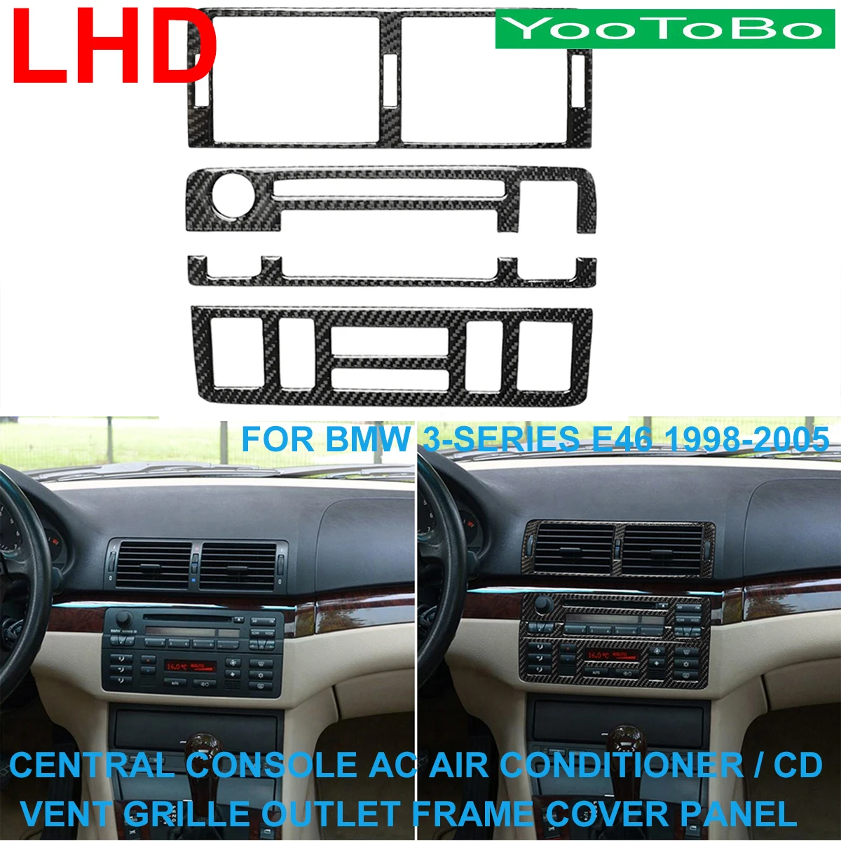 

Центральная консоль LHD RHD из углеродного волокна, решетка для кондиционера, вентиляционная решетка, панель для кнопки CD для BMW 3-Series E46 1998-2005