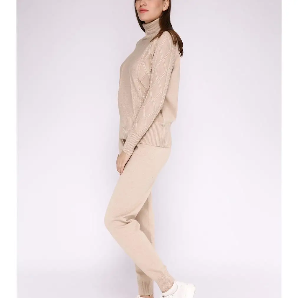 Winter Woolen Cashmere Knitted Warm Suit Turtleneck Sweater Pants Two-Piece Set Criss-Cross Loose Tracksuit Knit | Женская одежда