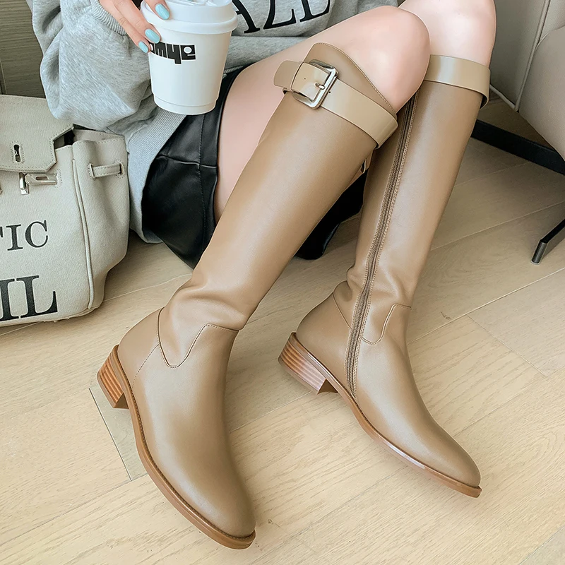 

GD-time Sexy 2022 Autumn Winter Round Toe Zipper Knee High Boots Square Low Heel Fashion Genuine Leather Women Shoes Size 34-43