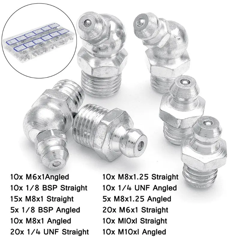 

130x Hydraulic Grease Nipples Fitting Metric Imperial BSP UNF M6 M8 M10 45°
