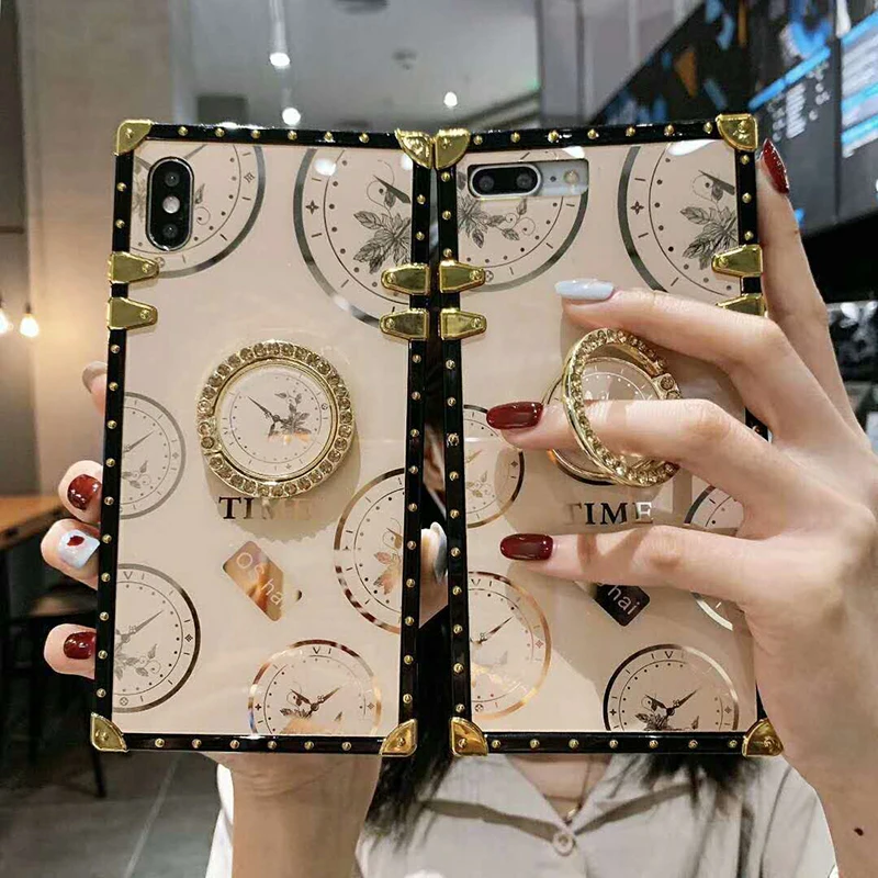 

Luxury Time Pattern Square Phone Case for Huawei Nova 8 8SE 7 7SE 7Pro 7i 6 6SE 5 5i Pro 5T 4 4E 3 3i 2S Bling Ring Holder Cover