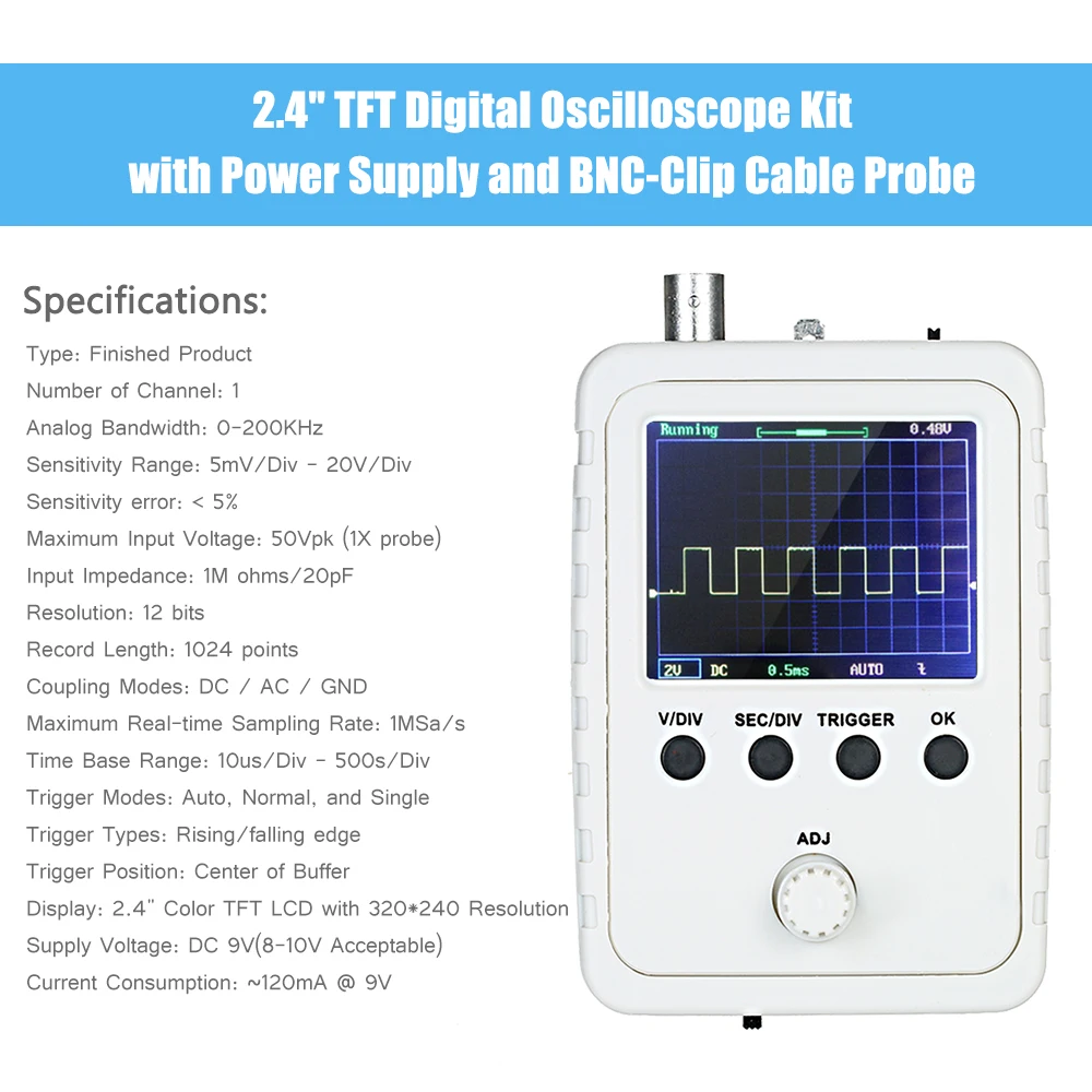 

KKmoon 2.4" TFT Digital Oscilloscope Kit with Power Adapter and BNC-Clip Cable Probe DS0150 (Assembled Finished Machine)