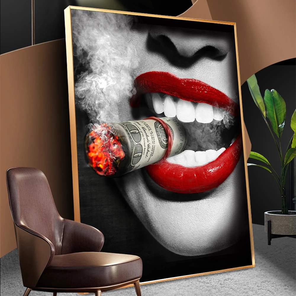 

poster print high quality red Sexy Lips Woman Cigarette Oil Painting Canvas Wall Pictures for Living Room Home Decor wall art