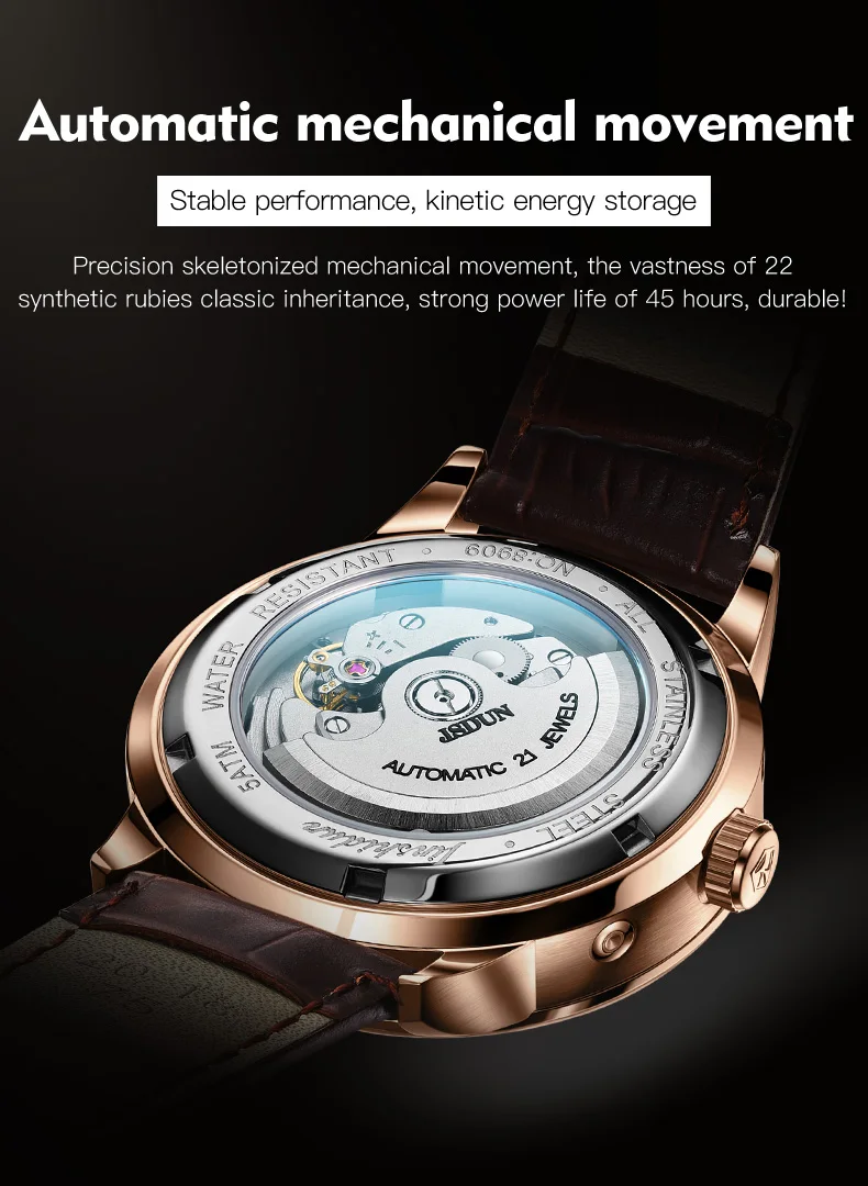 JSDUN Moon Phase Elegance: Luxury Automatic Men's Wristwatch with Business Leather Strap, Mechanical Precision, and Waterproof Design