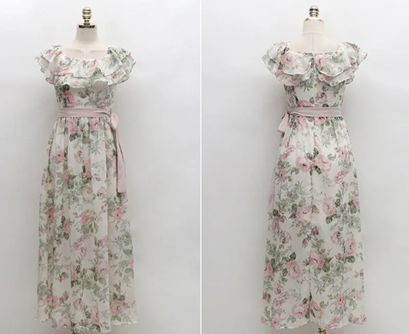 

Summer New Print Chiffon Dress Women Sexy Slash Neck Ruffle Edge Long Dress Party Boho Beach Sweet Lace-up Dress Vintage