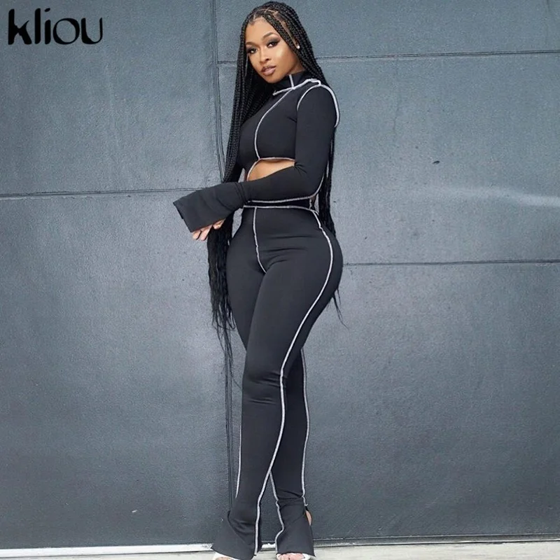 

Kliou one shoulder solid 2 piece outfits flare sleeve asymmetry tops+sporty legging matching sets skinny female streetwear