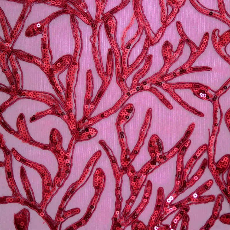 

Latest red polyester lace materials french red net sequins embroidery fabric dress fabric Wedding dress accessories MF62