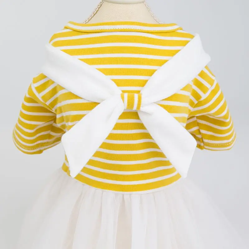 

2021 new Dog clothes pet summer dress Clothing for cats small dogs skirt Puppy wedding evening fancy White bow tie yarn stripe a