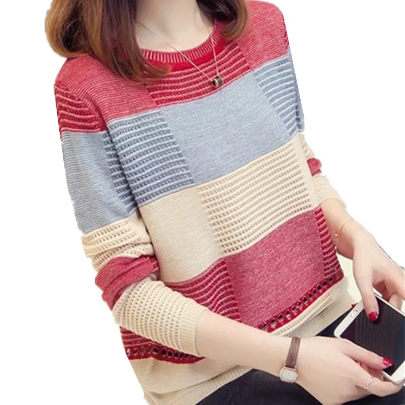 2021 Spring autumn women sweater Korean color matching loose striped long-sleeved pullover Knitwear Hollow A275 | Женская одежда