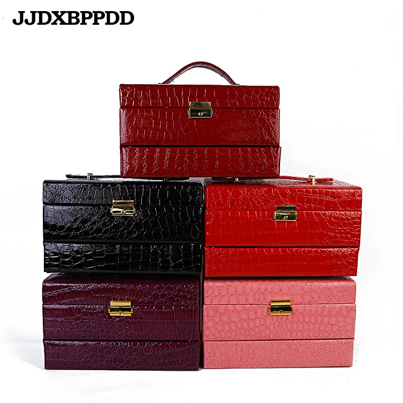 Beste Automatische Lederen Sieraden Draagtassen Drie-Layer Opslag Voor Vrouwen Oorbel Ring Decoratie Bijoux Cosmetische Organisator Kist