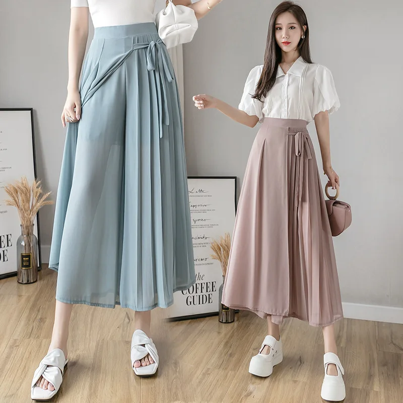 

Spring Summer New Korean Strawstring Pleated Chiffon Wide Leg Pants Elastic Waist Leisure Pants Skirt Plus Size Trousers