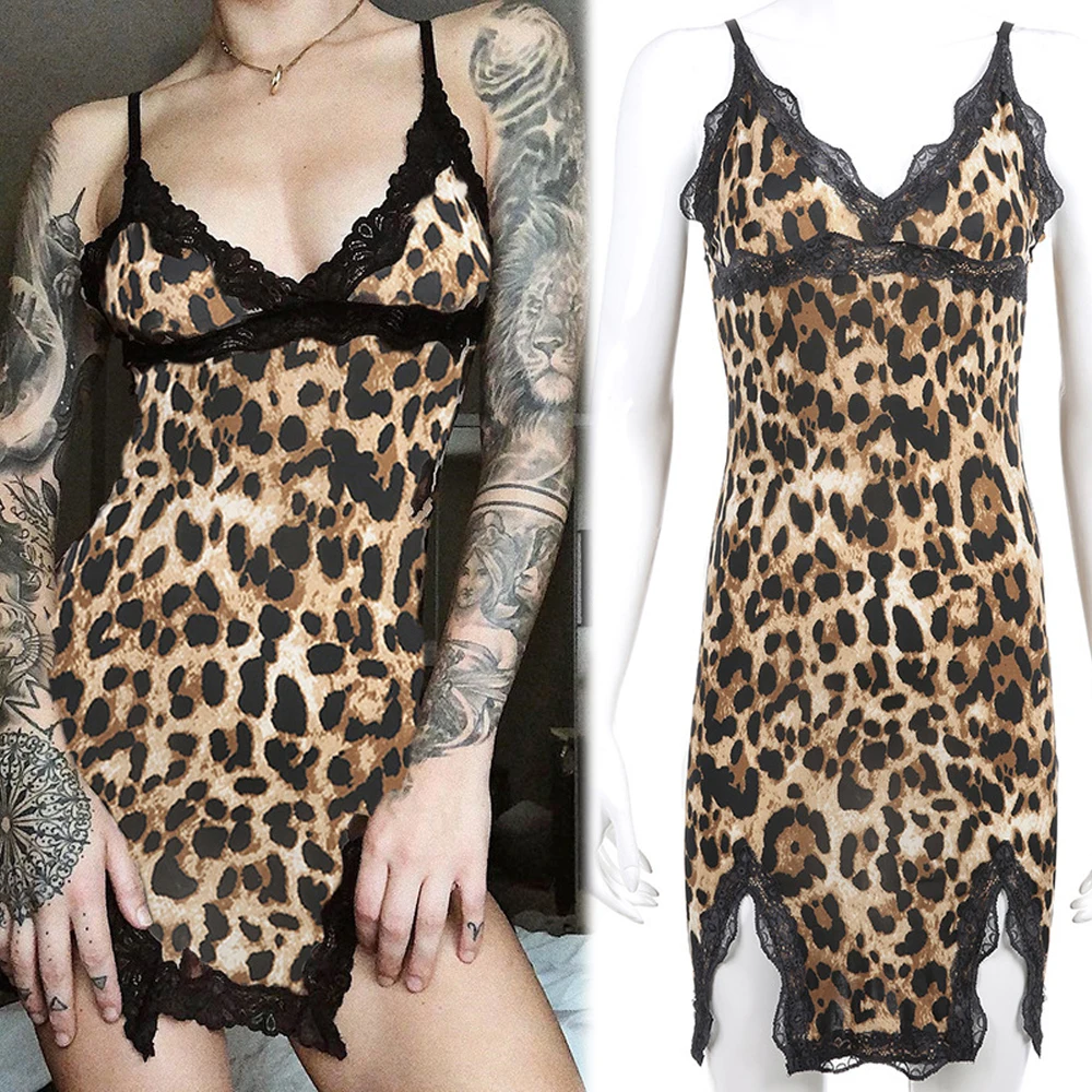 

Женское платье-комбинация на бретельках, нижнее белье, кофта с разрезом, леопардовая кружевная отделка, сорочка с глубоким V-образным вырезо...