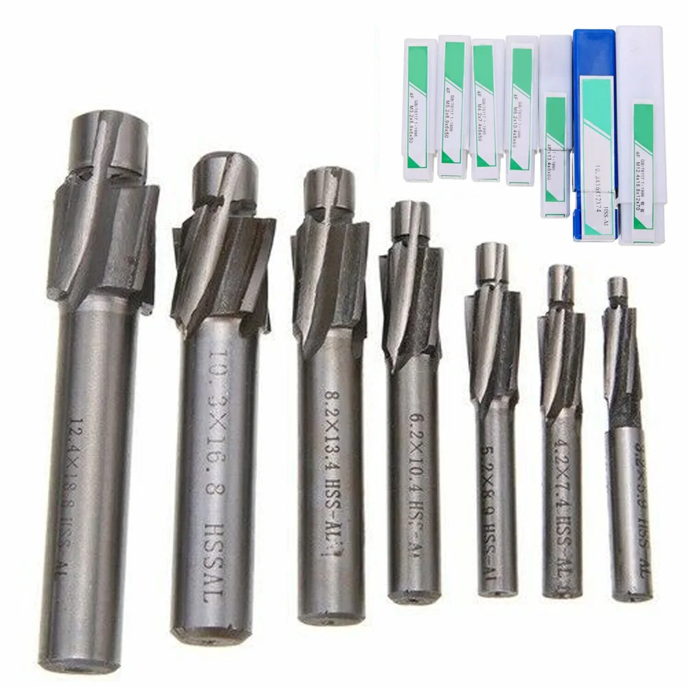 7pcs M3.2-M12.4 HSS Counterbore End Mill Pilot Slotting Tool Milling Cutter