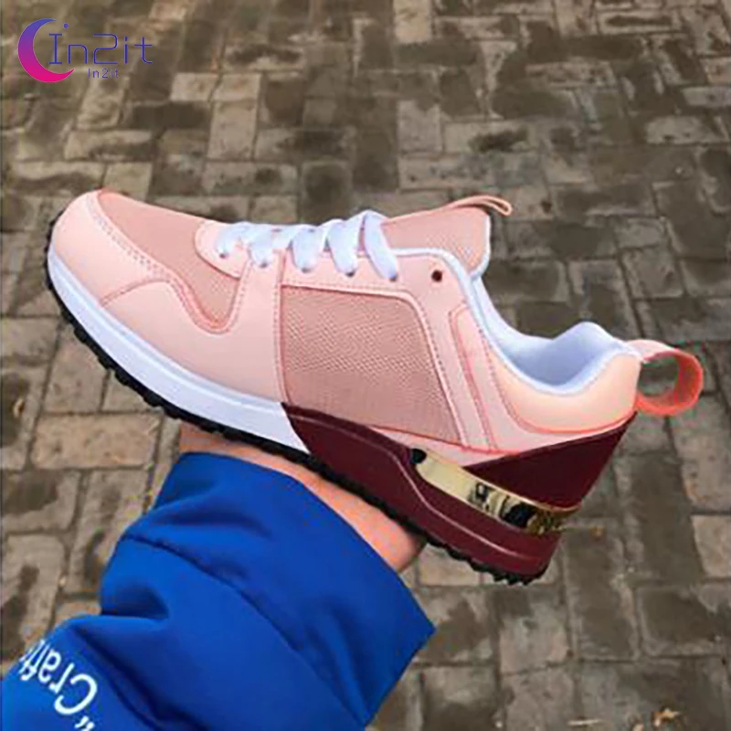 

Casual Fashion Women's Sneakers Pink Leather Thick Bottom Increased Sneakers Comfortable Sports Shoes Big Size 35-43 For Ladies