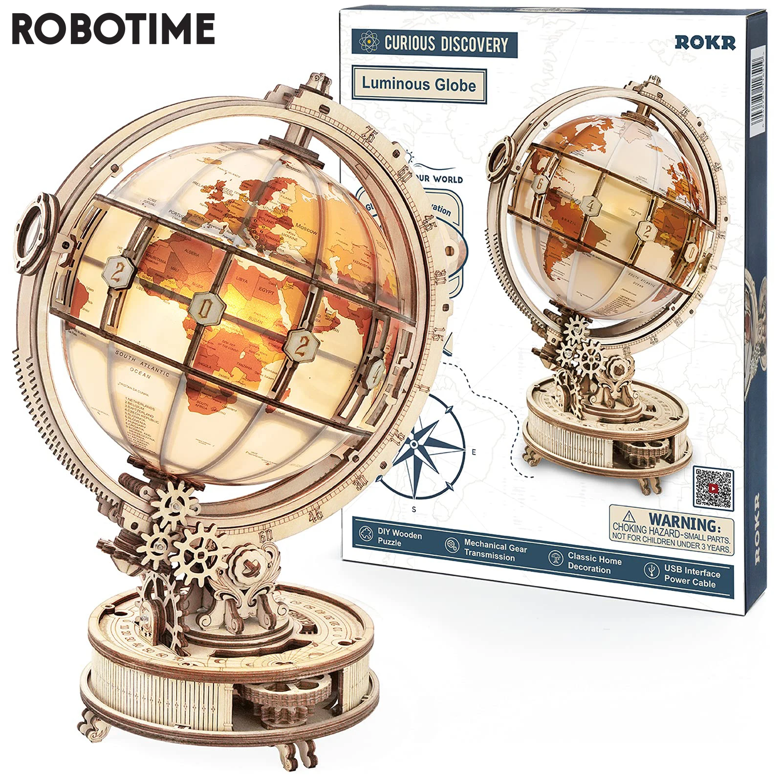 Robotime ROKR Luminous Globe 3D Wooden Puzzle Games Assemble Model Buliding Kits Toys Gift for Children Boys | Игрушки и хобби