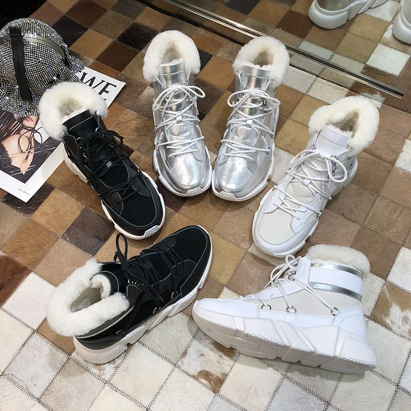 

Shearling Snow Boots Women Winter Real Leather Warm Platform Ankle Boots Fashion Lace Up Silver High-Top Wedge Cotton Shoes