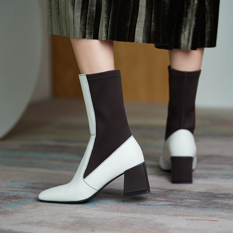 

Autuspin Ladies Elegant Genuine Leather Chelsea Boots Women 2020 Winter Warm Plush Square Toe Party Wedding 6cm High Heels Shoes