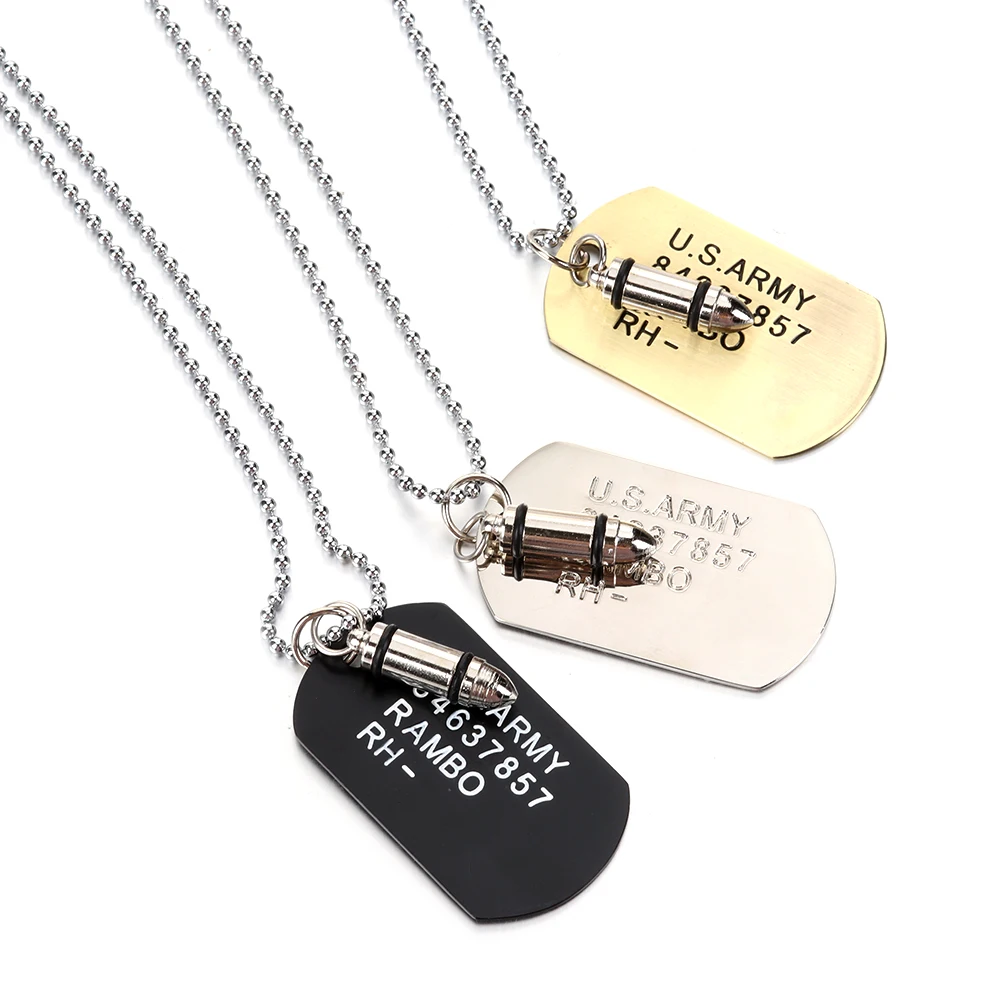 High Quality Fashion Men Military Army Bullet Charm Dog Tags SINGLE EMBOSSED Chain Pendant Necklace Jewelry Gift