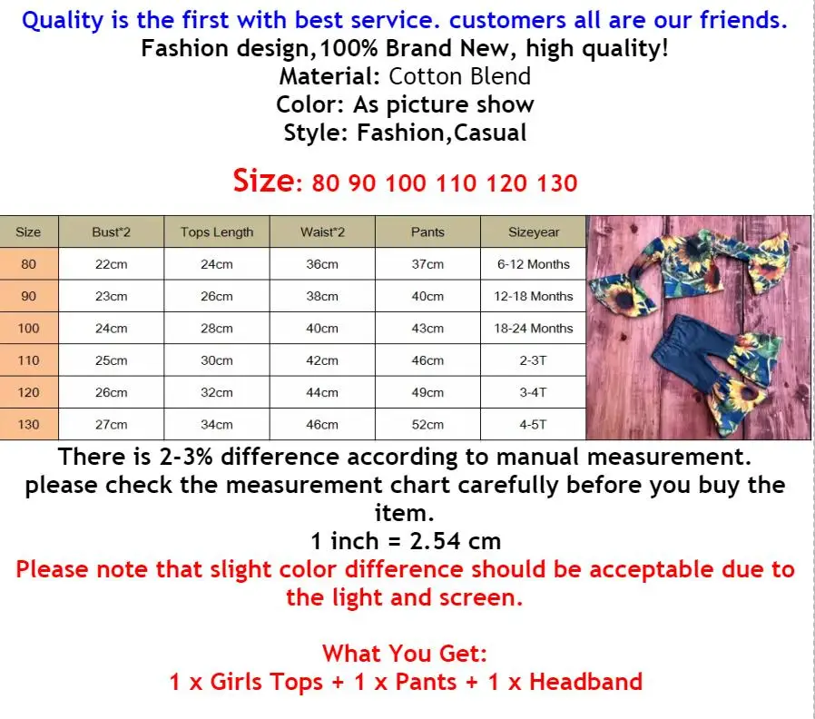 

Fashion Kids Baby Girl Clothes Sunflower Outfits 3Pcs Flare Sleeve Off Shoulder Crop Tops Bell-bottoms Pants Headband 3Pcs 0-5Y