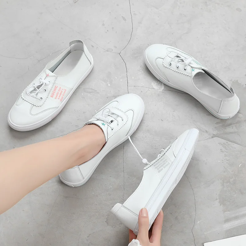 2019 New Fashion Women Casual Shoes Comfortable White Sneakers Lace-Up Split Leather Girls Flats | Обувь