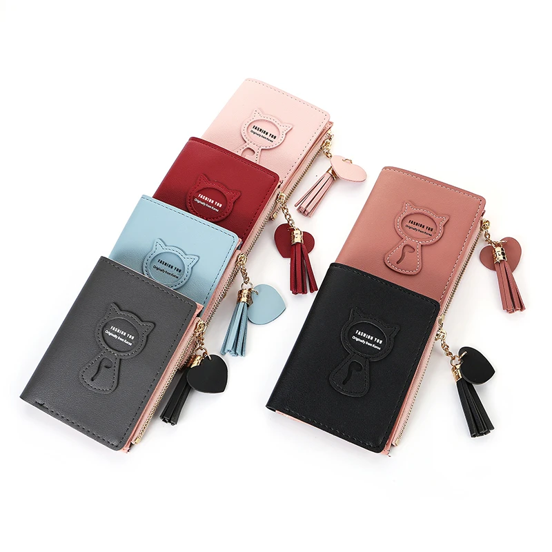 

Women's Wallet Short Tassel Simple Female Purse Leather Cat Mini Zipper Small Wallet Credit Card Holder Coin Purse Cartera PU 12