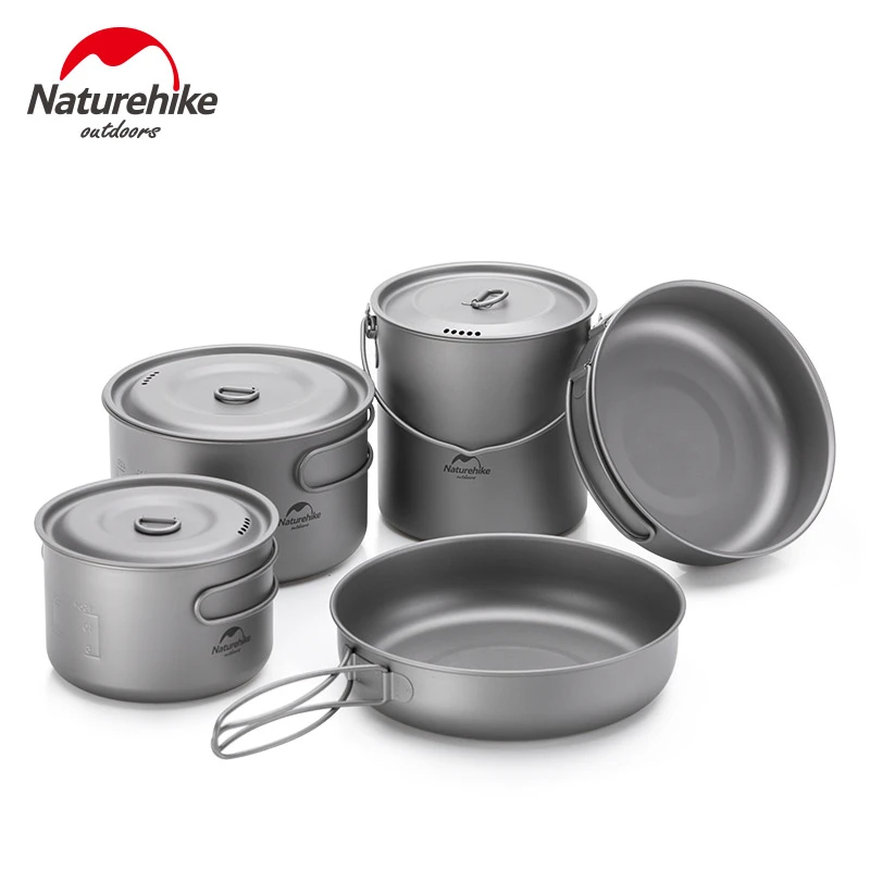 Naturehike Titanium Pot Frying Pan Utensils Ultralight Folding Cutlery Set Outdoor Tableware Travel Cooking Set Camping Cookware