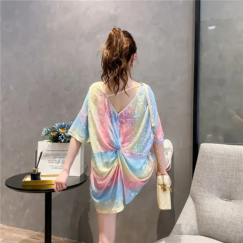 

Women's Design Backless Shiny Letter Super-Hot Short Sleeve T-shirt 2021 New Summer Loose Top Wear