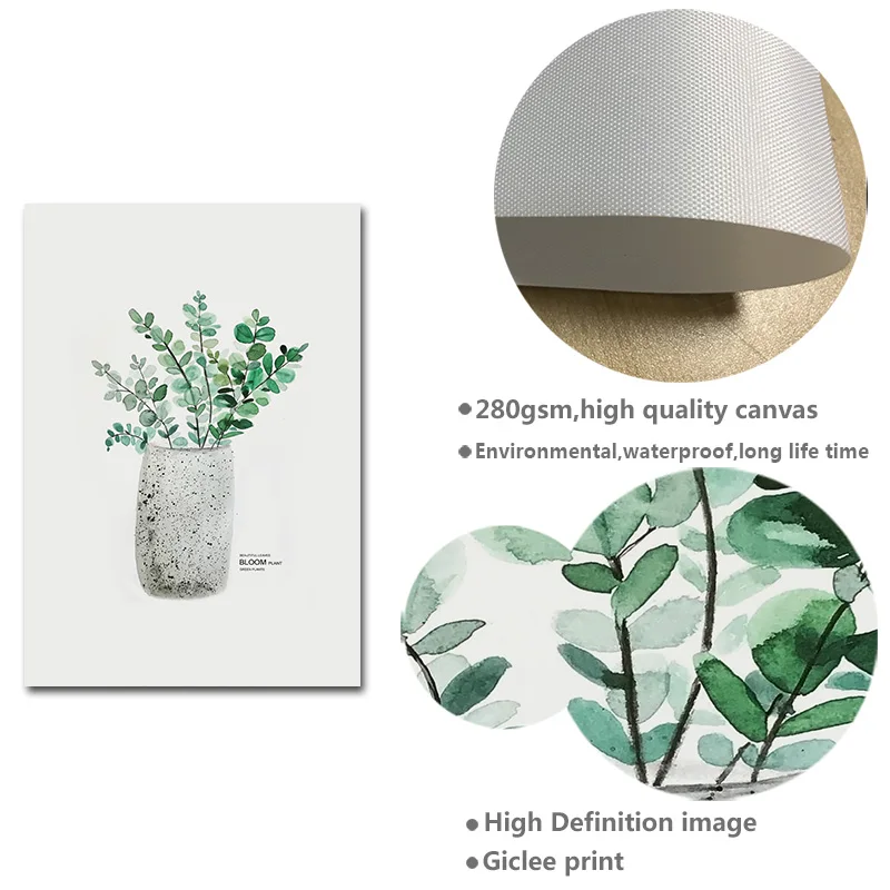 Водяная краска Зеленый лист холста плакат Nordic Wall Art Ботаническая печать живописи скандинавское украшение картина для дома.