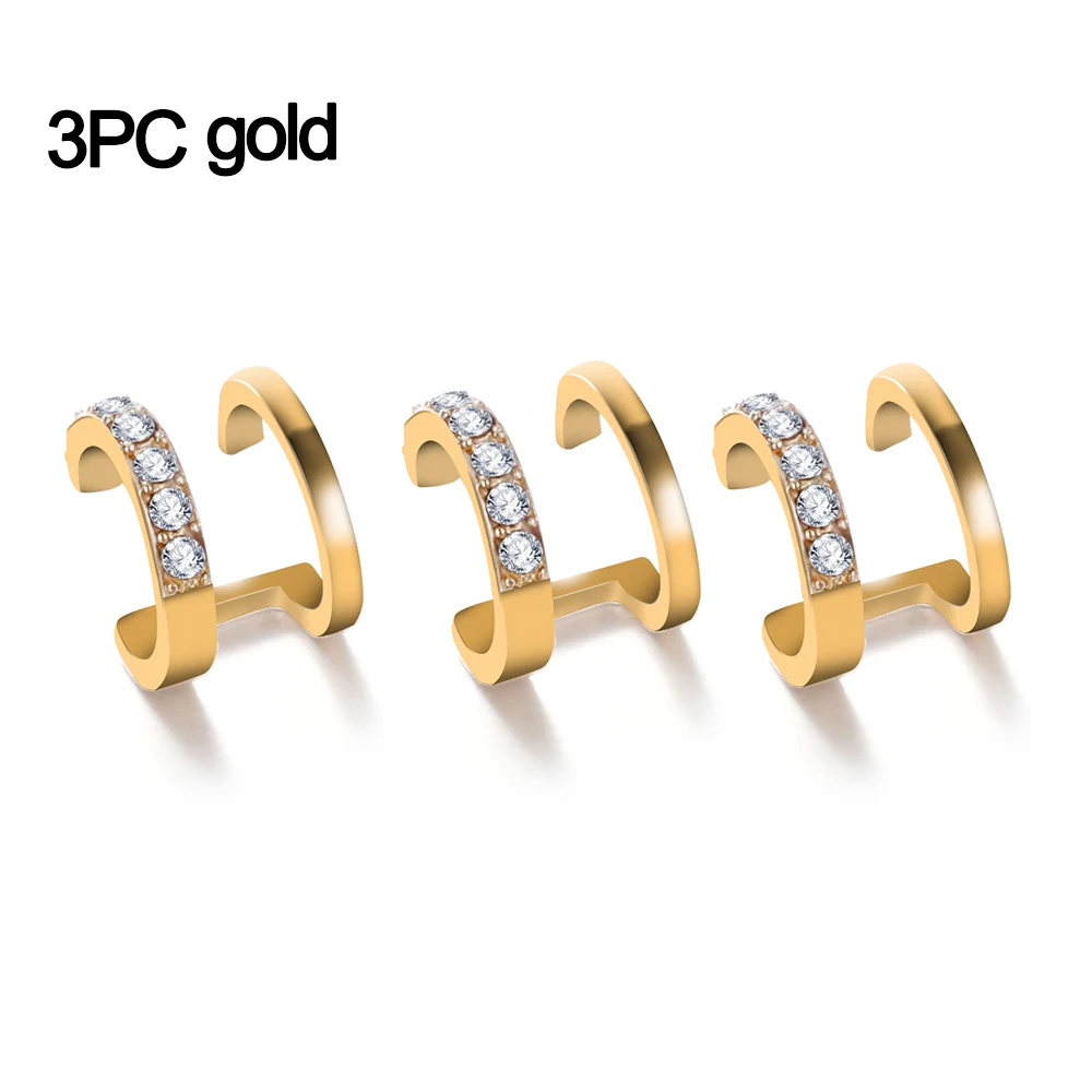 Gold 3Pcs 1/3 шт модные серьги в стиле панк с кристаллами и геометрическими ушами на клипсах, CZ манжета, не пирсинг, клипсы, двойная полоса, серьги-манжеты, стразы, ювелирные изделия - Окраска металла: Gold 3Pcs