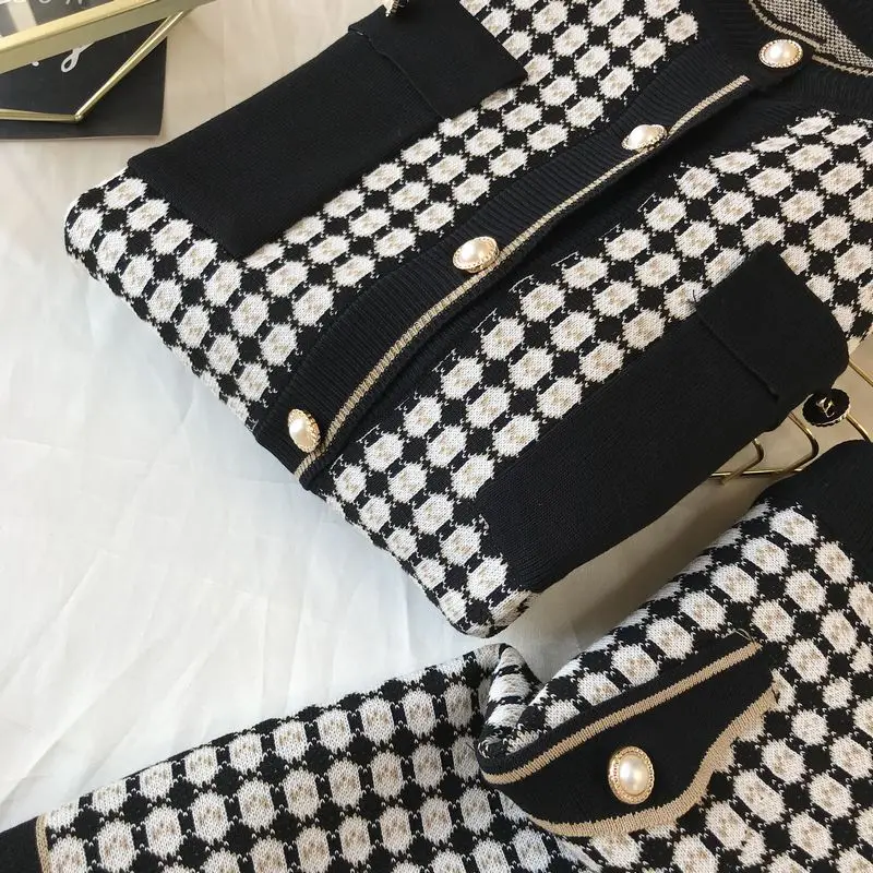 Женский вязаный клетчатый кардиган DEAT трапециевидная короткая мини-юбка с