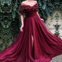 red evening dresses 2019 off the shoulder a line half sleeve tulle slit pleats dubai saudi arabic long party gown prom
