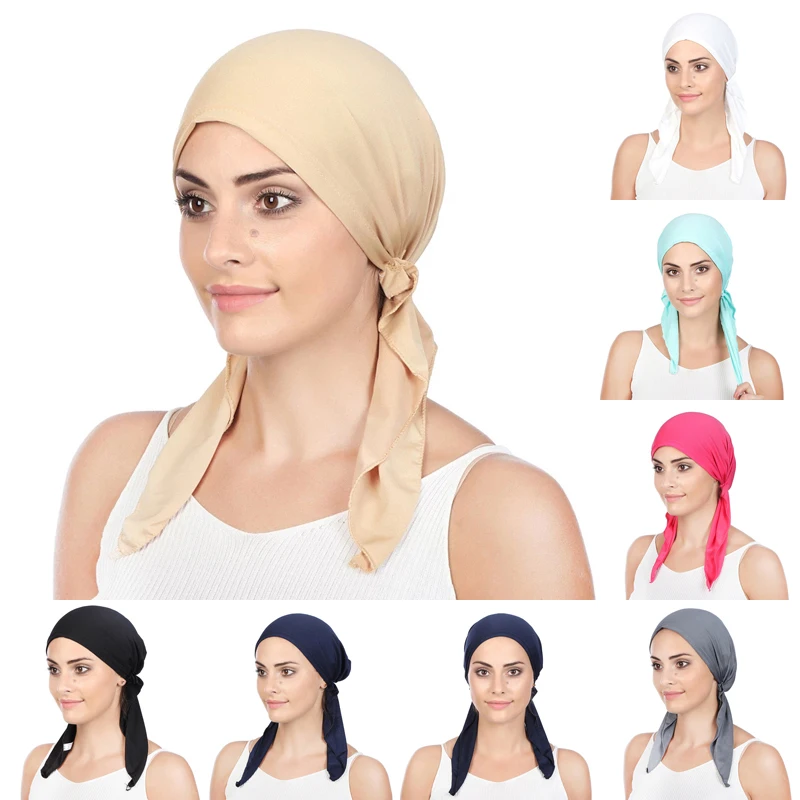 

Women Muslim Fashion Hijab Hat Solid Color Summer Women Inner Bonnet Turban Caps India Head Wrap Hats For Lady Hair Accessories