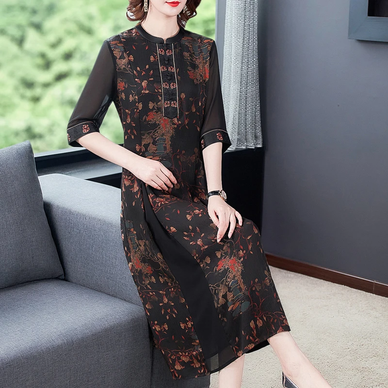 Женское платье в китайском стиле длинное с рукавом средней длины для лета 2020 |