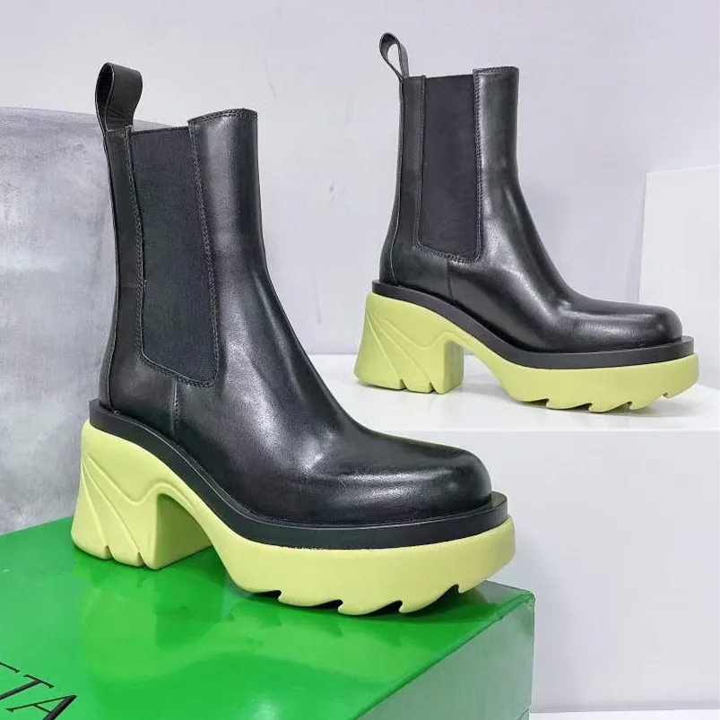 

Women Autumn Fashion Ankle Boots For Women Genuine Leather Chunky Heels Shoes Ladies Elastic Band platform Round Toe Party Boots