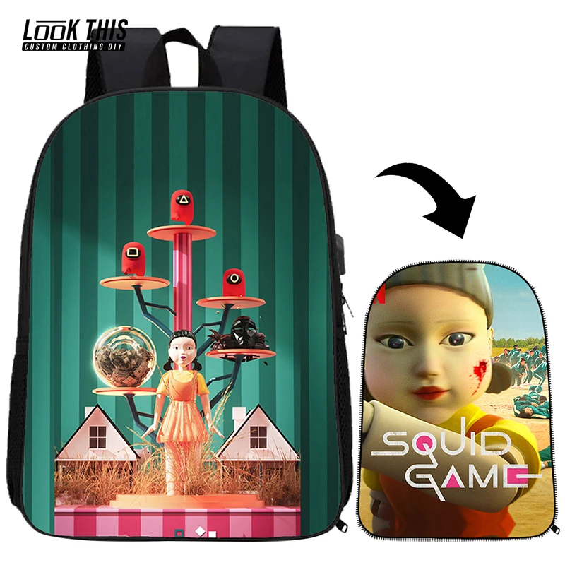 

Squid Game Same Korea Anime 2021 New Boys Girls School Bags 3D Cartoon Pictures Backpack Kids Fashion Rucksack Bag Football Bag