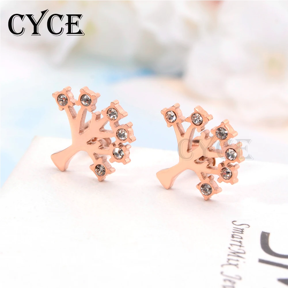 

CYCE Creative Tree Of Life Earrings For Women Jewelry Geometric Inlaid Rhinestones Rose Gold Stud Earrings Ear Accessories Gift
