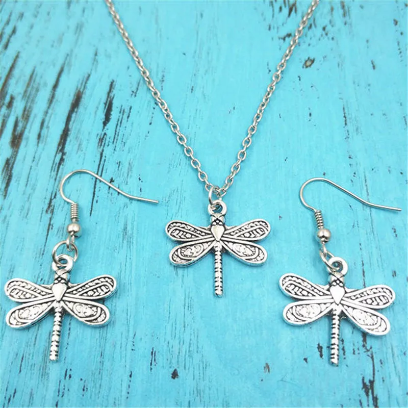 

Dragonfly Animal Vintage Earring Necklace Sets Jewelry Set Antique,Fashion Women Christmas Birthday Girl Gifts