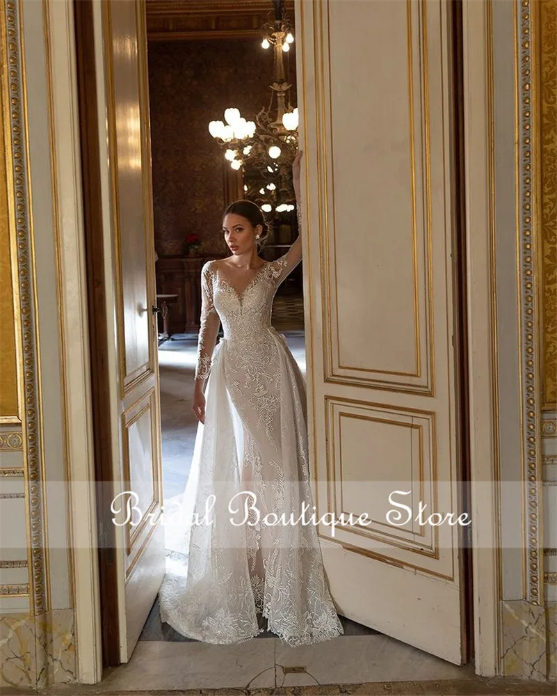luxury Mermaid Wedding Dress Overskirts Long Sleeve Lace Beaded Wedding Bridal Gowns Vestido De Novia