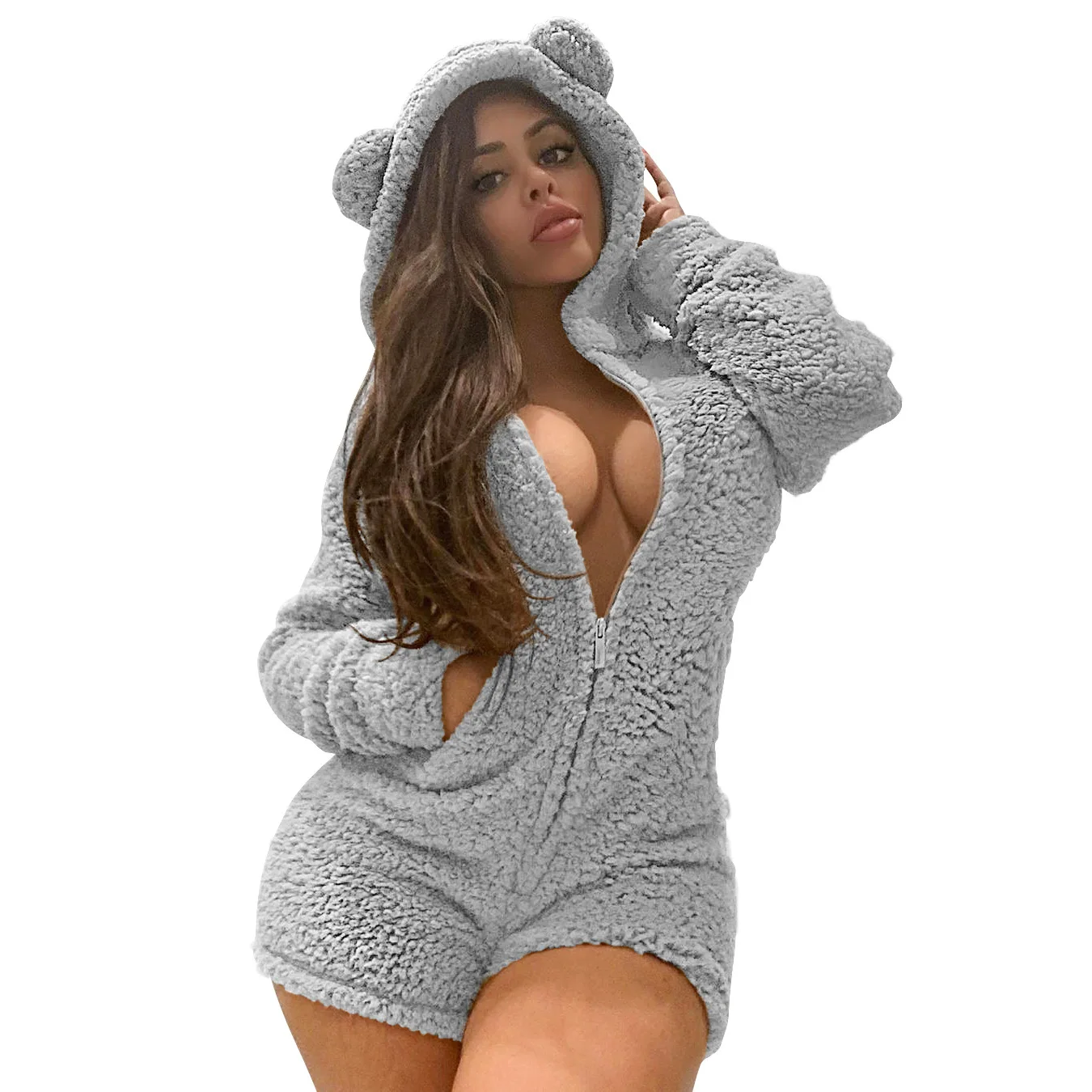 

Winter Sexy Plush Thickened Hooded Pajamas Playsuits Bodysuit Jumpsuit