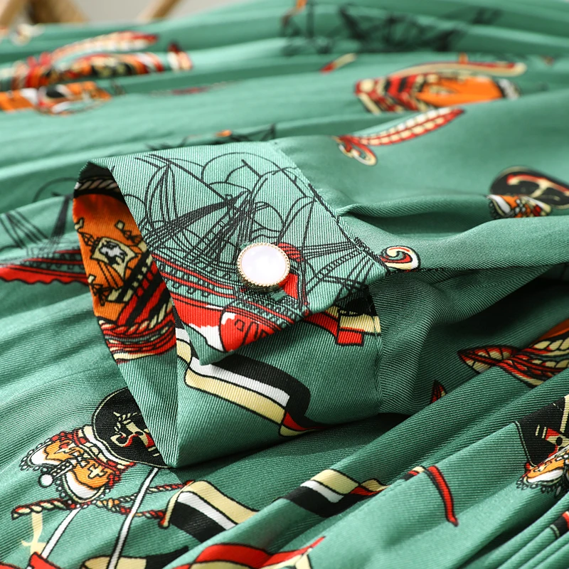 

Spring Autumn Women's Casual Dresses Elegant Turn-down Collar Long Sleeve Print Sashes Lady Satin A-line Pleated Long Dress