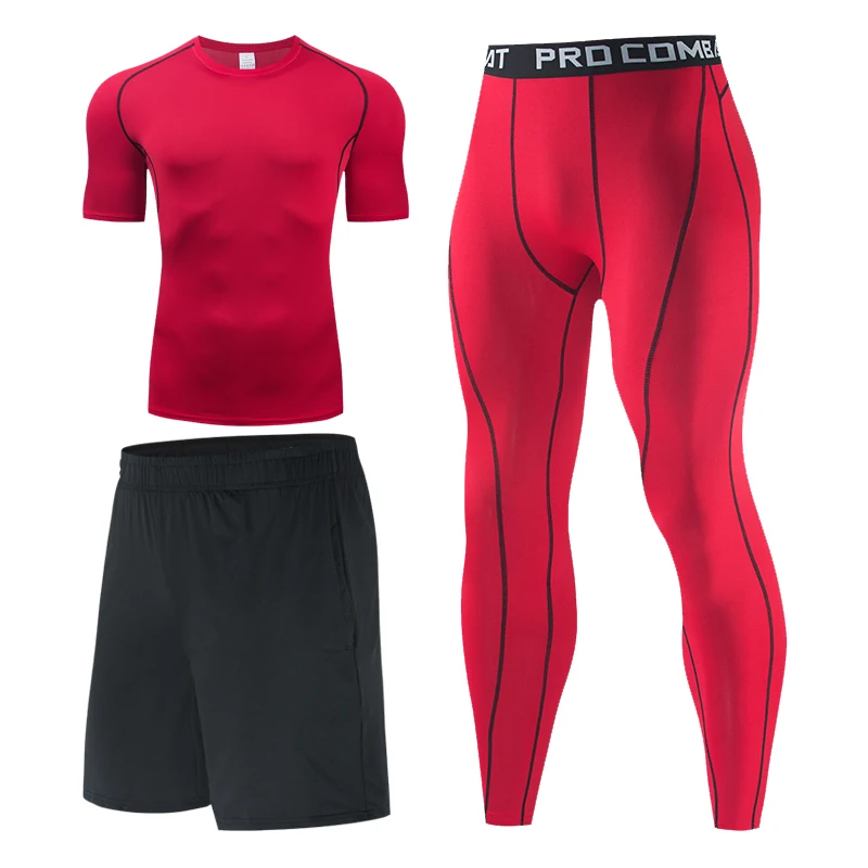 

Men Running t shirt Short-sleeved Top Running pants Compression Clothing Bodybuilding T-Shirt Sport leggings Red male tracksuit